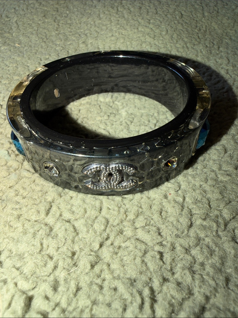 CHANEL Clear and Black Resin Bangle with Crystal CC Motif
